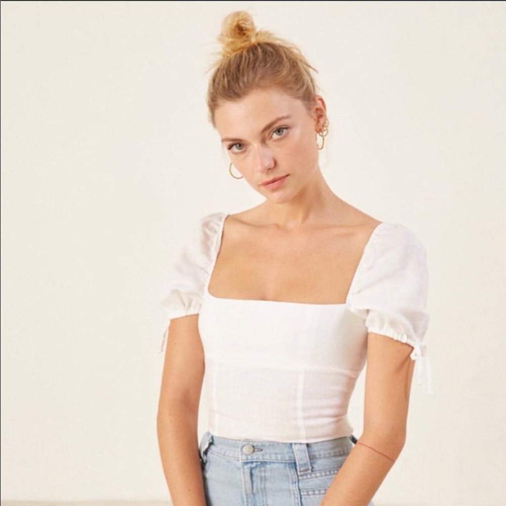 Reformation 4 River White Linen Top Puff Sleeve